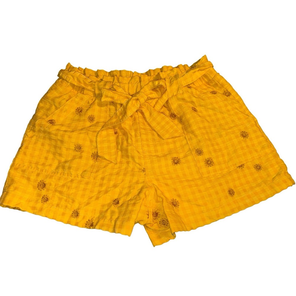 Yellow Sunflower Gingham Embroidered Paperbag Waist‎ Shorts Linen Belted Large